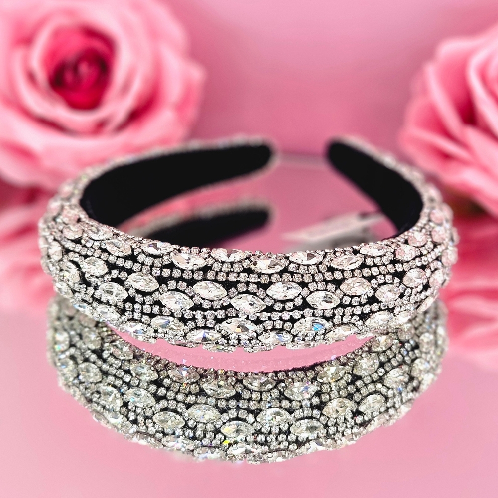 Natasha Couture Headband Black Silver Velvet Fancy Crystal Embellished Holiday